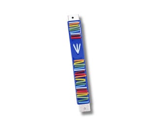 Blue Mezuzah case in rainbow colors - Jewish wedding/engagement gift - mezuzah for Jewish home - Judaica made in Israel - Jewish home decor