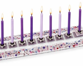 Purple Fused Glass Hanukkah Menorah: Bat Mitzvah Gift