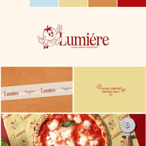 May include: A collection of images promoting the "Lumiére" brand, specialising in Italian comfort food. The logo features a tomato character. The images include pizza, packaging, and a shop front. The colour scheme is red, white, and tan.
