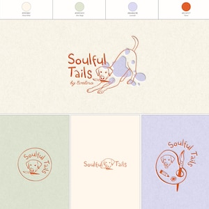 May include: A logo design set for Soulful Tails by Evelina featuring a line-art dog holding a paintbrush in its mouth. The collection includes various layouts with orange text, lavender spots, and a painter's palette icon on a cream background.
