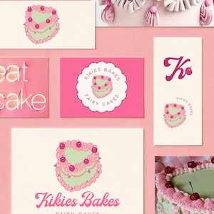 Vintage Cake Logo: 70s Bakery Branding, Pink Cherry Logo Design (Digital File) Premade Logo, Handmade Cakes and Bakery Creative Logo Design