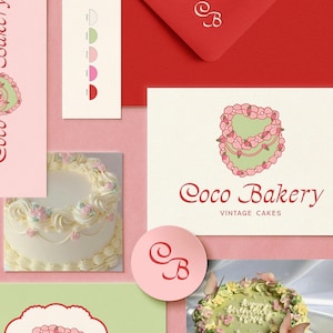Vintage Cake Logo: 70s Bakery Branding, Pink Cherry Logo Design (Digital File) Premade Logo, Handmade Cakes and Bakery Creative Logo Design