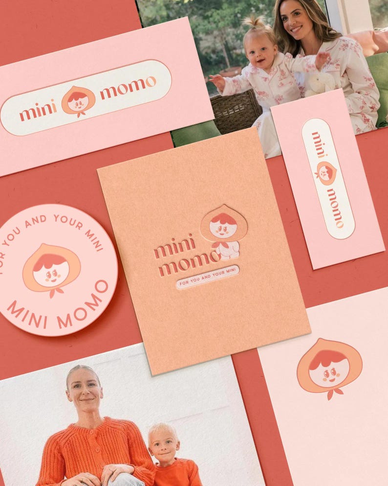 May include: A collection of pink and peach-colored stationery items featuring the "mini momo" logo. The logo includes a peach character. The items include business cards, a round sticker, and a greeting card. The text "FOR YOU AND YOUR MINI" is also visible.