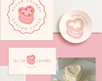 Vintage Cake Logo: 70s Bakery Branding, Pink Cherry Heart Logo Design Premade Logo, Handmade Cakes and Bakery Creative Logo (Digital File)