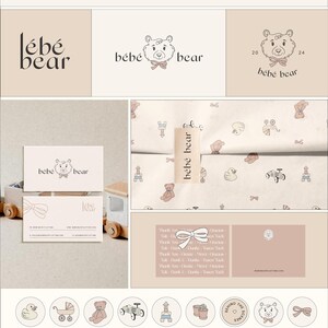 May include: A collection of baby-themed branding elements in soft pastel colors. The design includes logos, business cards, patterned paper, and gift tags featuring a teddy bear and bow motif. The text "b&eacute;b&eacute; bear" is prominently displayed.