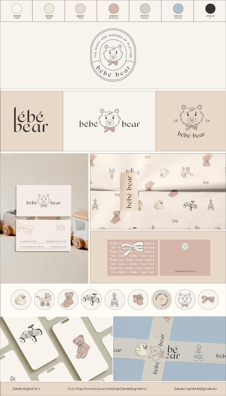 May include: A collection of baby-themed branding elements in soft pastel colors. The design includes logos, business cards, patterned paper, and gift tags featuring a teddy bear and bow motif. The text "b&eacute;b&eacute; bear" is prominently displayed.