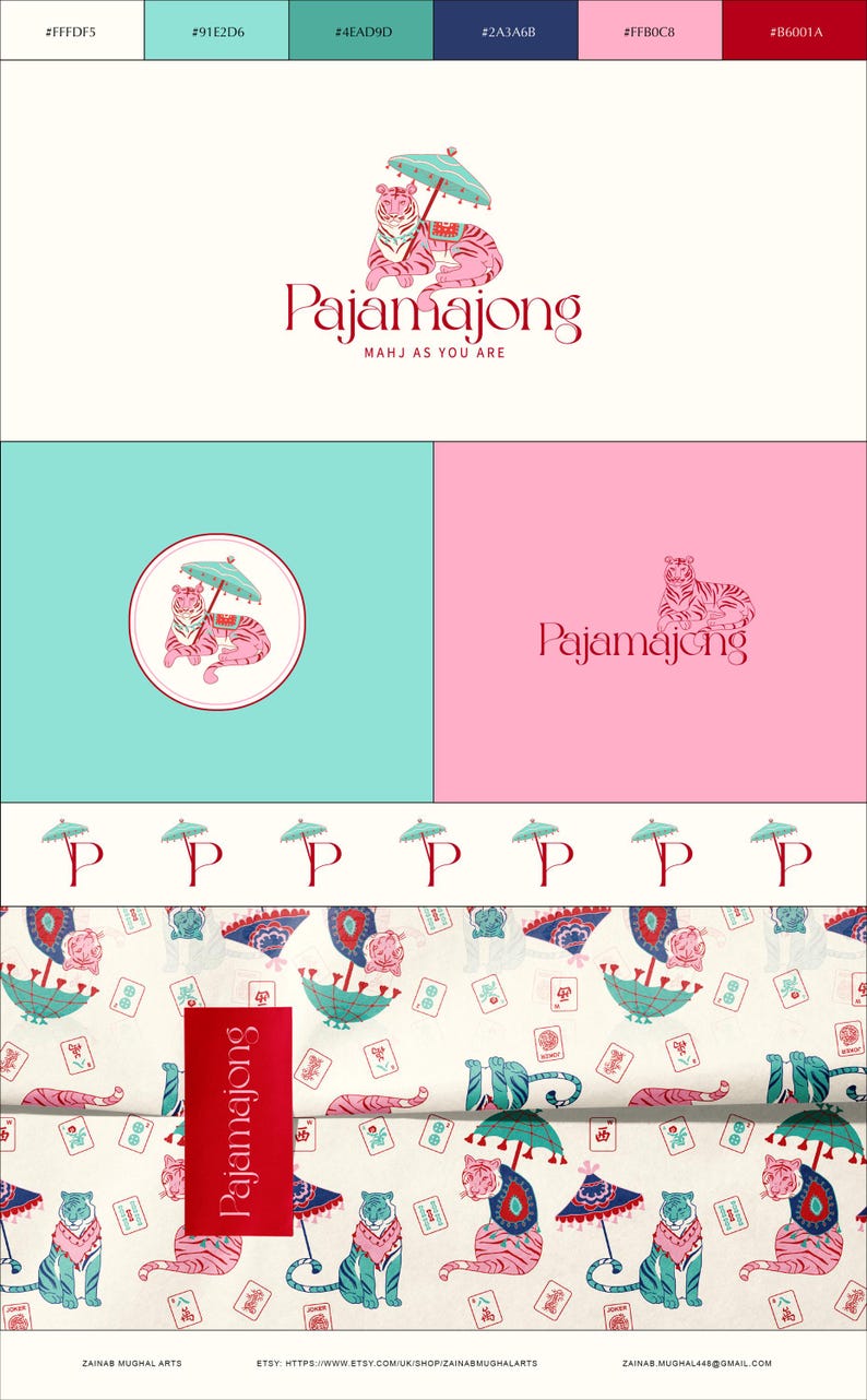 May include: A graphic design featuring the word "Pajamajong" with a tiger illustration. The design incorporates a color palette of pink, teal, and red. The image includes the text "MAHJ AS YOU ARE" and a pattern with tigers and umbrellas.