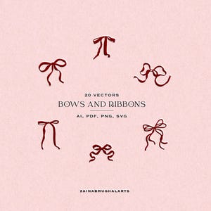 Puede incluir: Un conjunto de 20 ilustraciones vectoriales de lazos y cintas rojas. Las ilustraciones están en un estilo simple y dibujado a mano. El texto "20 VECTORS BOWS AND RIBBONS AI, PDF, PNG, SVG ZAINABMUGHALARTS" está en la parte inferior de la imagen.