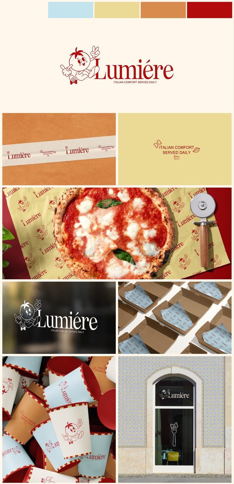 May include: A collection of images promoting the "Lumiére" brand, specialising in Italian comfort food. The logo features a tomato character. The images include pizza, packaging, and a shop front. The colour scheme is red, white, and tan.