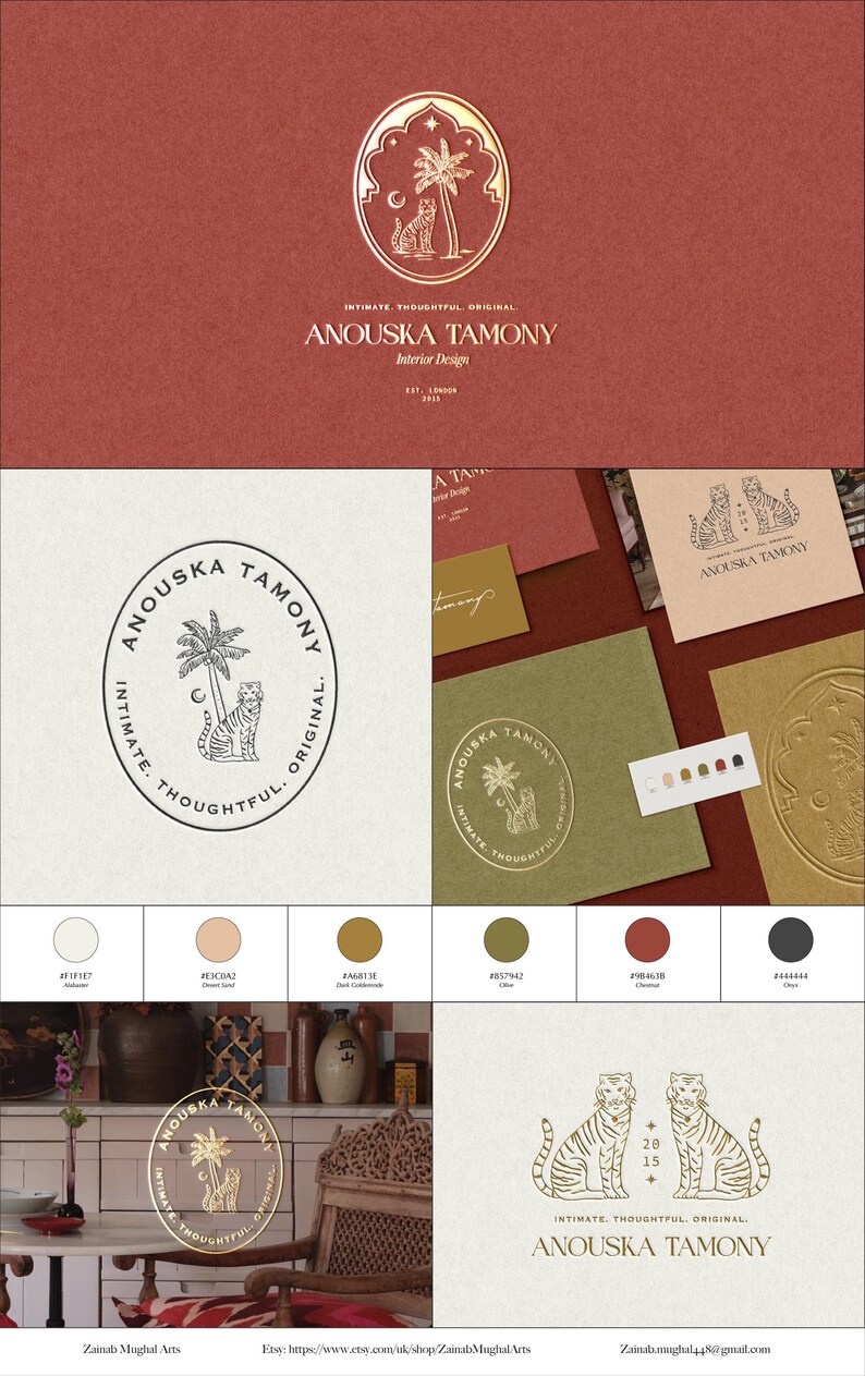 May include: A collection of branding materials featuring the "ANOUSKA TAMONY" logo. The logo includes a palm tree, tiger, and text. Color palette includes gold, olive, and red. Interior design theme.