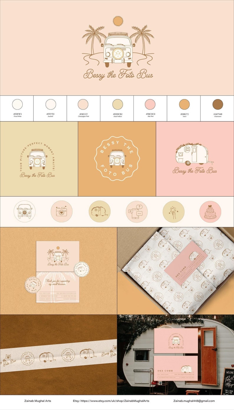 May include: A collection of branding elements featuring a vintage bus illustration with the text "Bessy the Foto Bus." The design includes logos, business cards, packaging, and a color palette of beige, pink, and brown tones. The overall theme is photography.