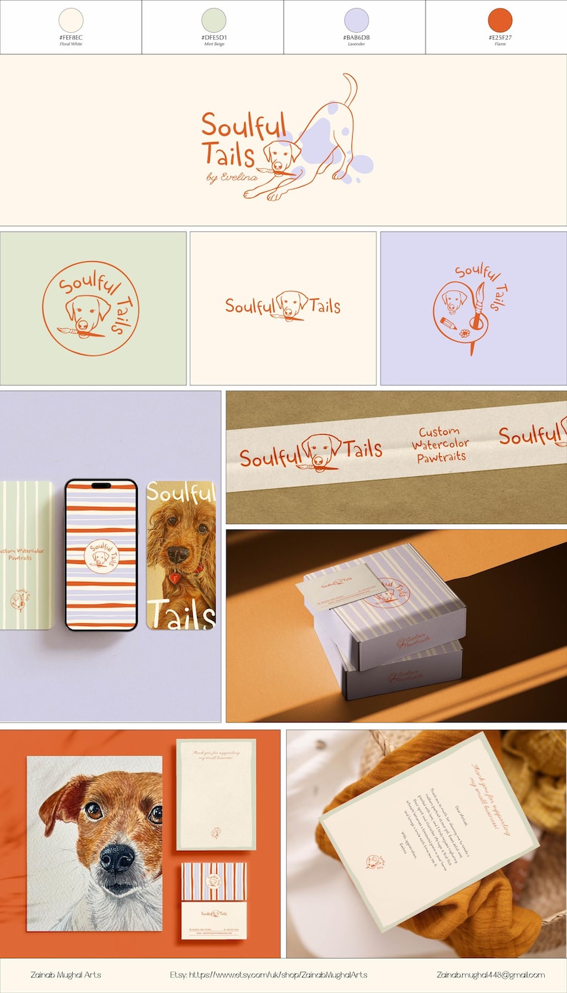 May include: A collection of branding materials featuring the "Soulful Tails" logo. The logo includes a dog illustration and text. Items include a phone case, packaging, business cards, and a watercolor dog portrait.