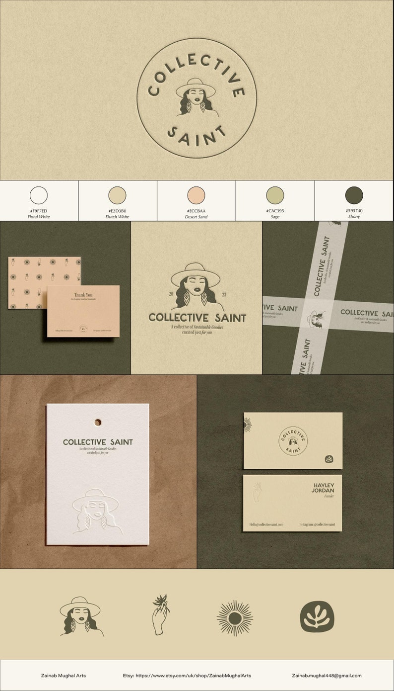 May include: A collection of branding materials featuring the "Collective Saint" logo. The logo includes a woman in a hat. The color palette includes white, beige, and dark green. The materials include business cards, tags, and packaging.