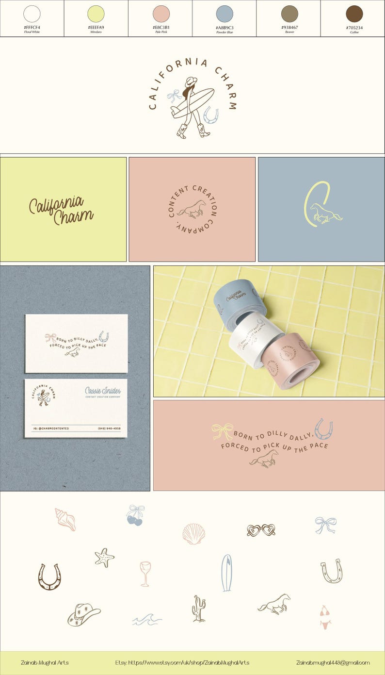 May include: A collection of logos and branding elements in a neutral color palette. Includes a logo with a surfer, business cards, and decorative tape rolls. Additional icons feature a horseshoe, cowboy hat, and surfboard. The text includes "California Charm" and "Content Creation Company."