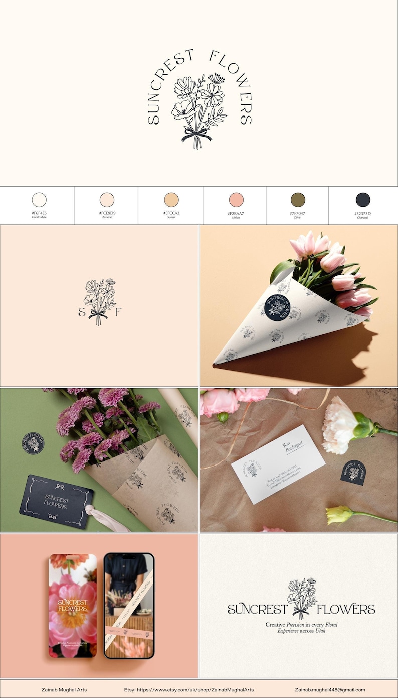 May include: A collection of floral design elements, including a logo, business cards, and packaging, featuring the text "SUNCREST FLOWERS". The logo showcases a bouquet of flowers tied with a ribbon. Color palette includes floral white, almond, sunset, melon, olive, and charcoal.