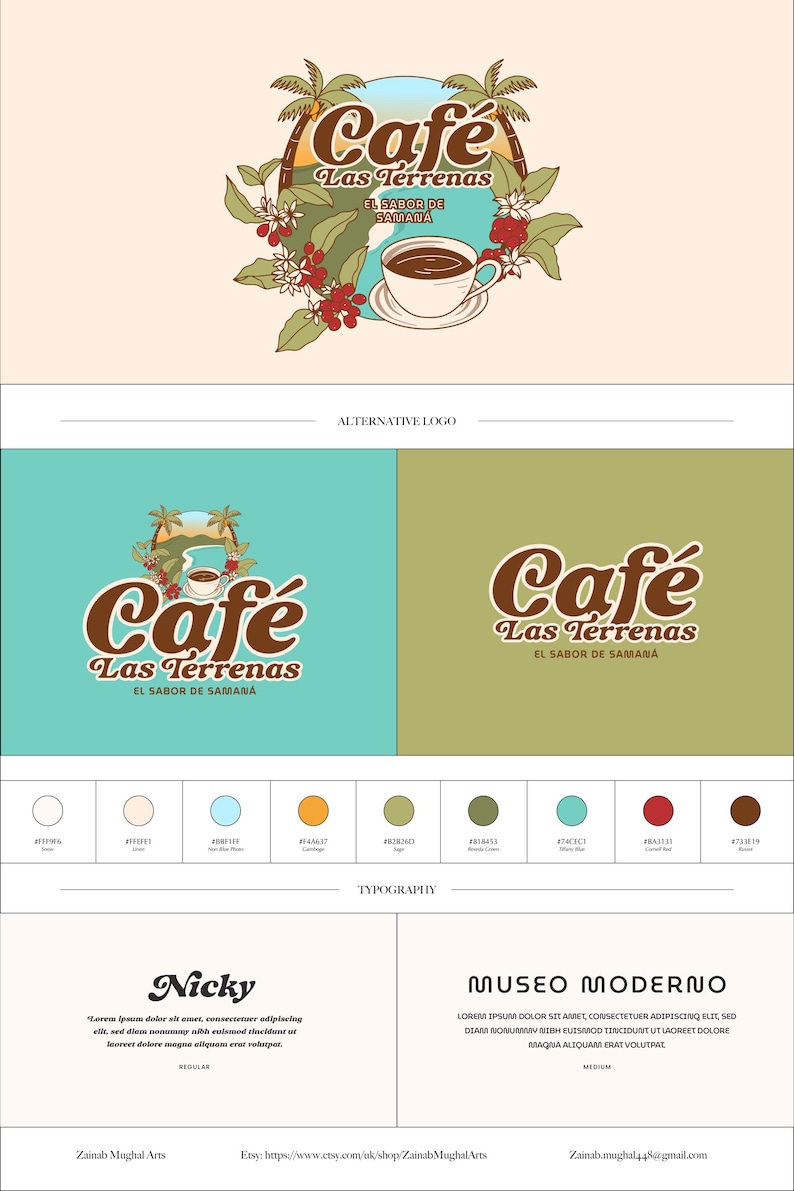 May include: Logo design for a cafe, featuring the text "Caf&eacute; Las Terrenas" with a coffee cup, palm trees, and coffee beans. The design includes alternative logo options and typography samples.