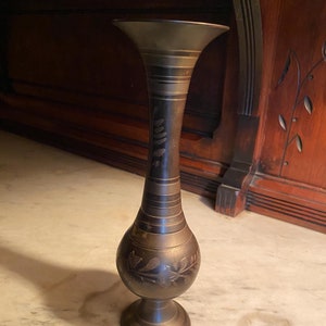 Tall Brass Vase Made in India -- Brass Flower Vase -- Unique Brass Vase -- Indian Home Decor -- Gift for Housewarning -- Floral Etched Vase
