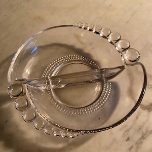 Glass Duncan and Miller Beaded Relish Dish -- Vintage Nut Dish -- Divided Glass Dish -- Vintage Candy Dish -- Gift for Housewarming