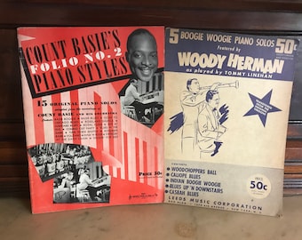 Big Band Piano Solos Sheet Music -- Two Booklets of Vintage Sheet Music featured by Count Basie and Woody Herman -- Music Ephemera