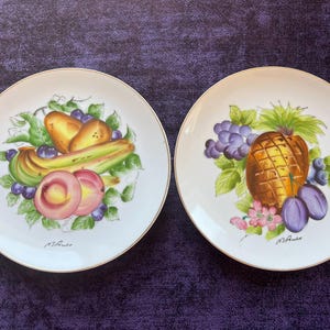Vintage Collectible Plates by M. Ando---8-Inch Porcelain Art Plates of Peaches, Blueberries, Pears, Bananas, Pineapple, Grapes, and Flowers
