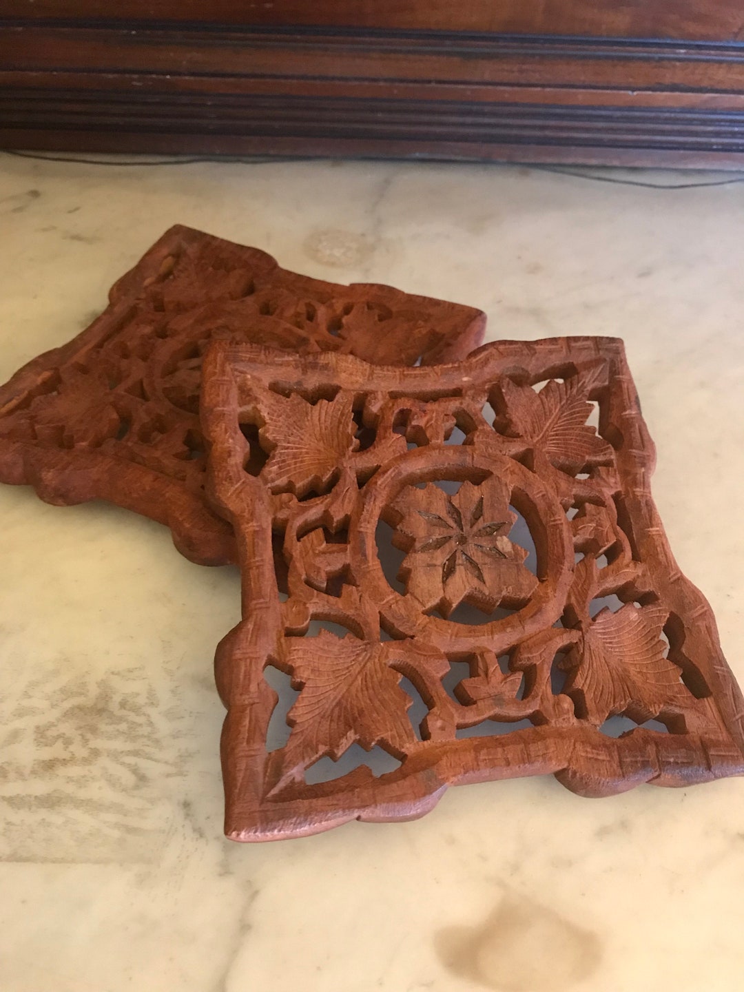 Handcarved Wood Trivets Made in India Footed Small Etsy