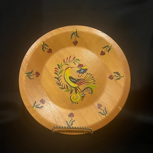 Vintage Folk Art--Hand Painted Wooden Plate--1960s Rooster Plate--Decorative Plate--Country Farmhouse Plate--MCM Dish-Artist Signed Plate