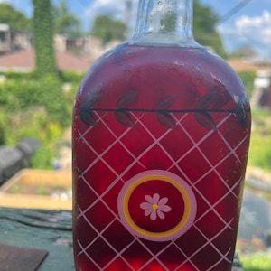 1980s Hand-Painted Portuguese Whisky Bottle---Vintage Decorative Bottle---Repurposed Bottle to Decanter---Floral Art European Bottle