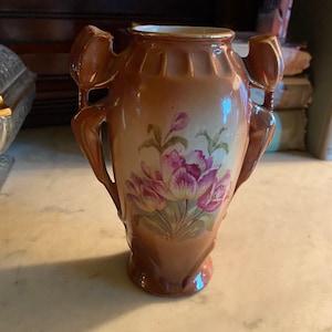 Handpainted Austrian Vase -- Beautifully Decorated Vase with Flowers -- Small Ceramic Urn with Double Handles