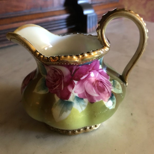 Hand Painted Nippon Creamer Made in Japan -- Gold Accents Beaded Gold Moriage -- Vintage Creamer