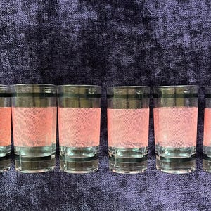 1950s Pink Glassware---Set of 6 Eight-Ounce Glasses---Midcentury Drinking Glasses---Tumblers with Pink Grid & Black Stripes---Casual Kitchen