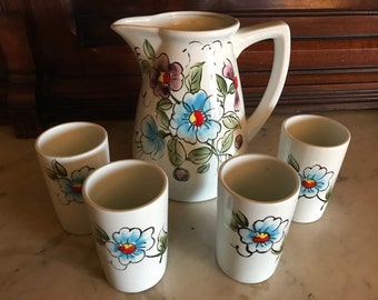 Ceramic Flowered Pitcher and  Four Matching Glasses -- MCM Hand Painted Drinking Set -- Mid Century Modern Drinkware Juice Pitcher Set