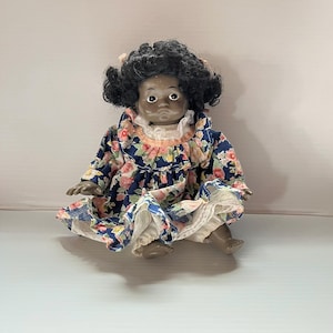 Vintage Collectable: African American Girl Doll in Original Blue Floral Dress---Early 20th Century-Themed Cloth Body Doll with Resin Limbs