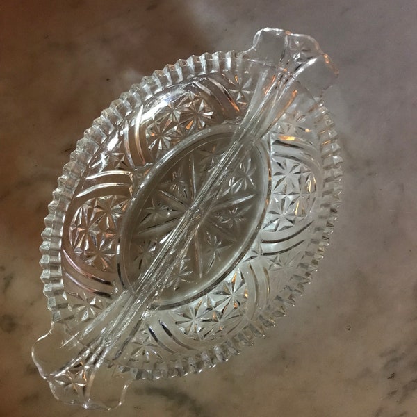 Vintage Pressed Glass Relish Dish With Divider -- Mid-Century Modern Candy Dish -- Oval Anchor Hocking Relish Dish