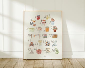 Numbers 1-20 Poster: Watercolor Educational Chart, Playroom Decor