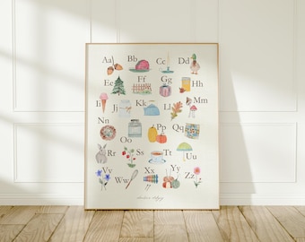 Watercolor Alphabet Poster: Educational ABC Chart, Playroom Decor (8x10)