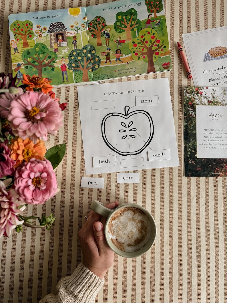 May include: An open children's book with illustrations of an apple orchard and the text "Autumn is here-" and "time for apple picking!". A worksheet labeled "Label The Parts Of The Apple" is next to the book. A cup of coffee and flowers are also in the image.