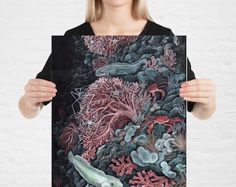 May include: A rectangular art print featuring a detailed underwater scene with dark blue rocky formations, vibrant pink coral structures, two light-colored fish, two red crabs, and several small starfish scattered across the seabed.