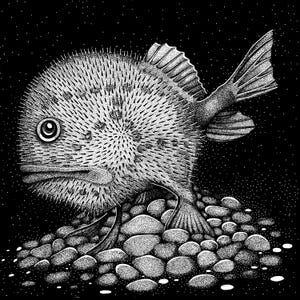 May include: A black and white illustration of a spiky, round fish with a long tail, standing on a bed of small, round stones.