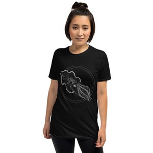 May include: Black t-shirt with a white graphic of a squid in a circle.