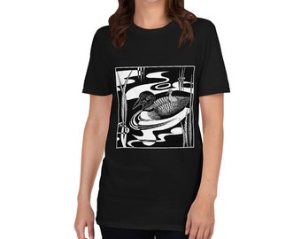 May include: Black t-shirt with a white graphic print of a loon swimming in a lake with reeds. The loon is stylized with a geometric design.
