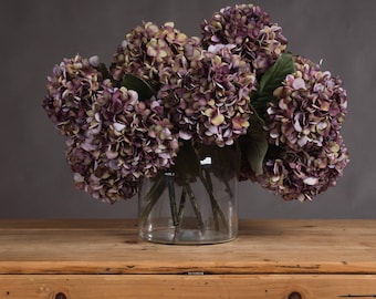 Könnte beinhalten: Eine klare Glasvase gefüllt mit einem Strauß lila und grüner Hortensien. Die Blumen haben eine Mischung aus lila, grün und cremefarbenen Farben. Die Vase steht auf einer Holzoberfläche.