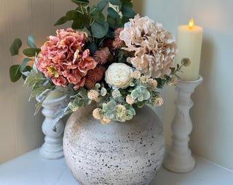 Sarah – Handmade Luxury Silk Autumn Floral Arrangement | Blush Pink Dried Hydrangea Artificial Flower Bouquet with Optional Vase