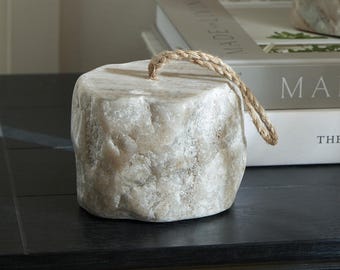 Natural Marble Doorstop • Heavy Door Stopper with Rope Handle • Rustic Stone Door Weight • Neutral Home Decor • Solid Marble Door Holder
