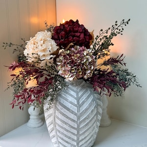 Arreglo floral de lujo / Hortensias rosa pálido y burdeos / Ramo de flores artificiales con jarrón opcional / Ramo de novia otoño-invierno