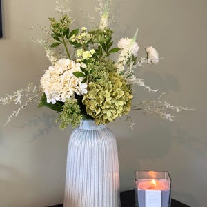 Faux Flower Arrangement | Luxury White & Green Hydrangea Display | Optional Monte Bell Vase | Elegant Faux Floral Home Decor Daphne