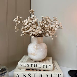 May include: A white ceramic vase with a beige marbled design holds dried white flowers. The vase sits atop two books with the titles "AESTHETIC" and "ABSTRACT" in black text. The books are stacked on a white surface.
