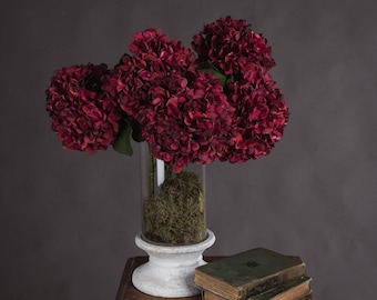 May include: A bouquet of deep red hydrangeas in a clear glass vase filled with moss, set on a white pedestal. Two antique books with green covers rest on a wooden table, creating a classic still life.