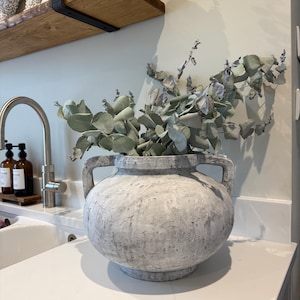 Rustic Stone Vase with Handles, Farmhouse Decor, Distressed Grey Concrete Finish Neutral Home