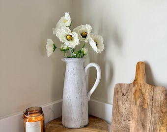 Tall Rustic Stone Jug Vase – Distressed Grey Concrete Effect with White Poppy Stems – Farmhouse Neutral Home Decor