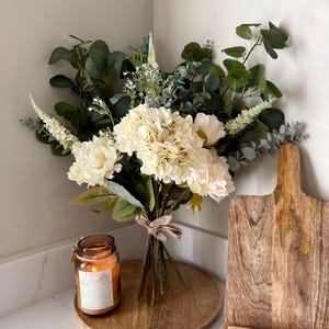 White Faux Flower Bouquet – Hydrangea & Peony Arrangement | Elegant Wedding Bouquet | Neutral Home Decor | Eucalyptus Stems - Charlotte